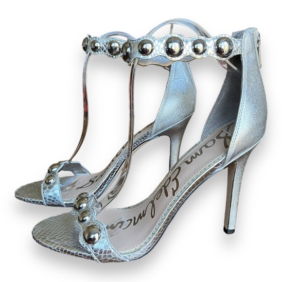 Sam Edelmen Addison Embellished Ankle Strap Sandal Stiletto Heel Metallic Silver - Picture 6 of 16